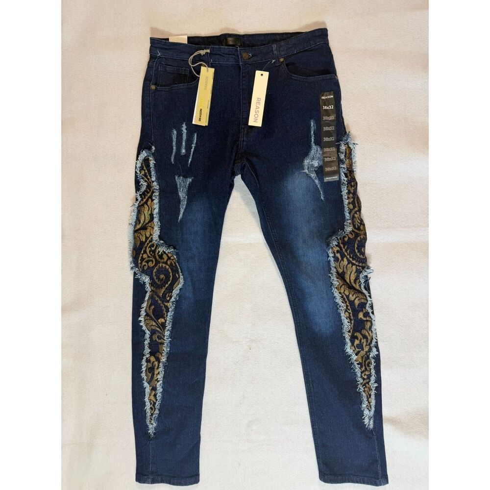 NWT Reason Embellished Skinny Jeans Men Dark Wash 38x32 Gold Tapestry Fancy